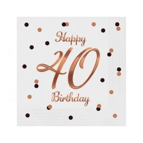 Servetėlės Happy birthday 40, baltos su rožiniu auksu, 20 vnt. pakuotė