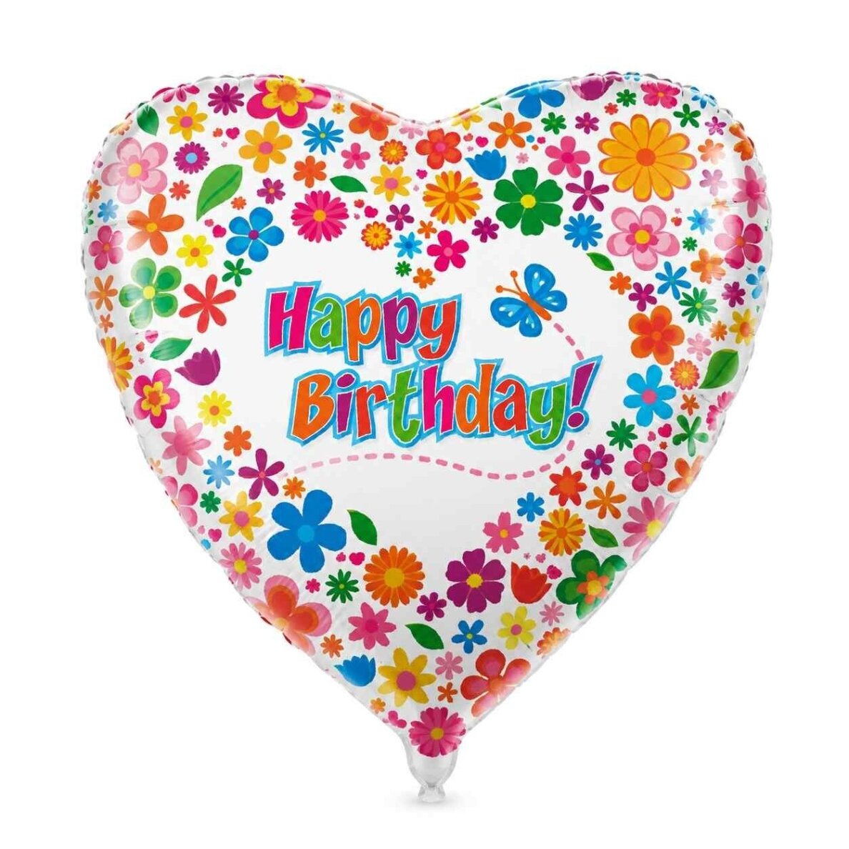 Folinis helio balionas „Happy Birthday“ su gėlėmis ir drugeliu, širdis, 45 cm