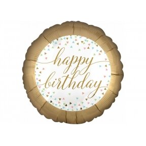 Balionas "Happy birthday", auksinis kraštas ir užrašas baltame fone, su spalvotais trikampiniais konfeti, 45cm