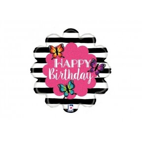 Balionas "Happy birthday", balti/juodi dryžiai, su rožine gėle ir drugeliais, 45cm