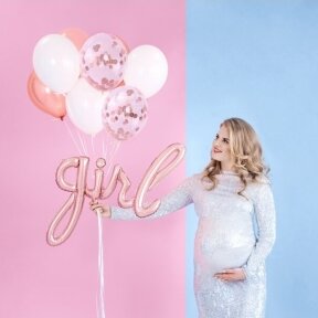 Helio balionų puokštė „Girl“, 9 vnt. – rožinio aukso, balta ir skaidri su konfeti