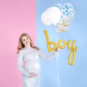 Balionų puokštė su užrašu boy/girl (nurodykite užsakymo aprašyme arba užsakydami telefonu), balionas-užrašas pildomas oru ir 9 balionai pripildyti helio dujomis, bei pridėtas svarelis