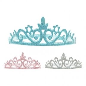 Princesės karūnų rinkinys, 1vnt. rožinė, 1vnt. sidabrinė, 1vnt. žydra, karūna 17,7x6,5cm, diametras 19-20cm