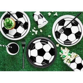 Indų komplektas futbolo tema, 6 lėkštės, 6 puodukai, 6 šiaudeliai